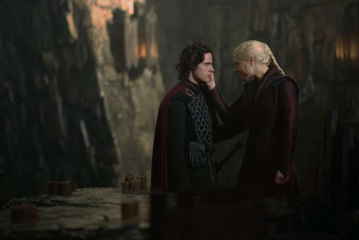 House Of The Dragon Harry Collett as Prince Jacaerys Velaryon is caressed by Emma D'Arcy as Queen Rhaenyra Targaryen in a scene from House of the Dragon.