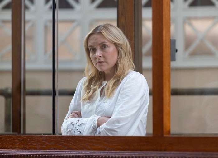Megan in a court box in a scene from Coronation Street