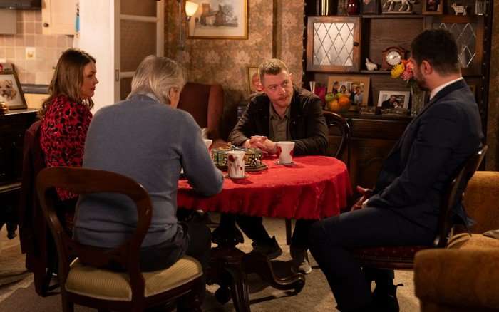 Daniel sits around the Barlow dining table with Tracy, Ken and Adam in Coronation Street
