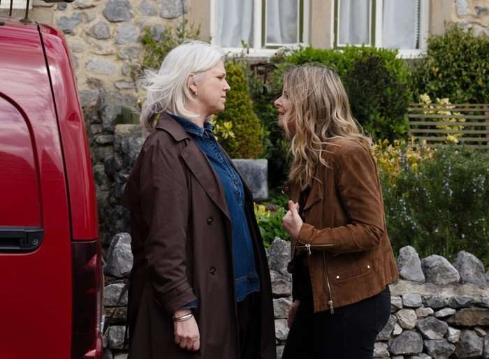 Charity shouts in Dr Todd's face in a scene from Emmerdale