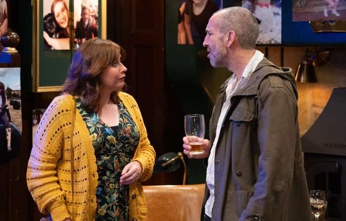 Lydia confronts Sam in The Woolpack in Emmerdale