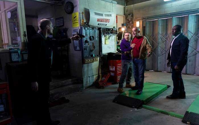 15_06_coro_garage_04 Carl aims a gun at a terrified Tyrone, Kevin and Ronnie in Coronation Street