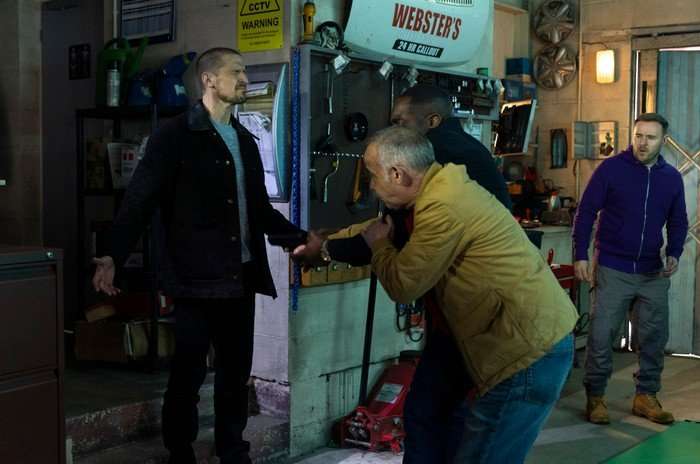 16_06_coro_garage_02 Tyrone watches as Kevin and Tyrone wrestle a gun off Carl in Coronation Street