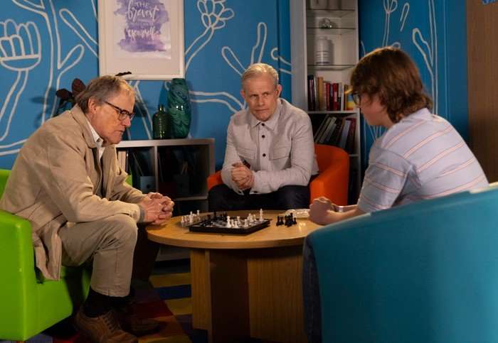 22_06_coro_roy_nick_sam_01 Roy, Nick and Sam sat around a chess board in a mental health institution in a scene from Coronation Street