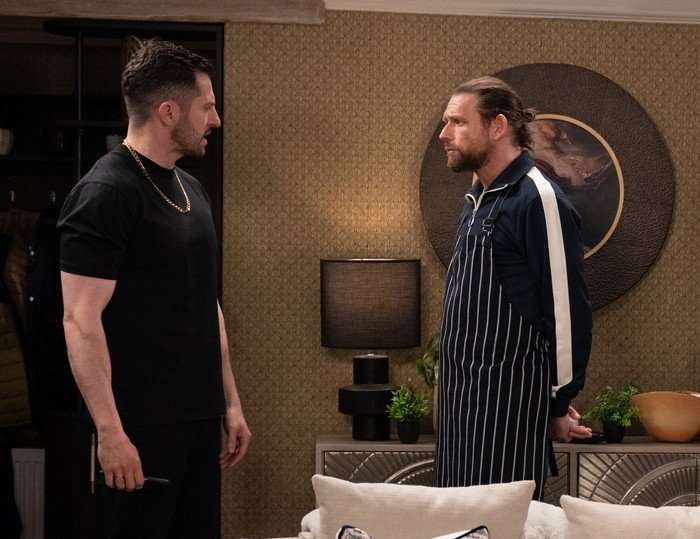 Kev confronts Ross in a scene from Emmerdale