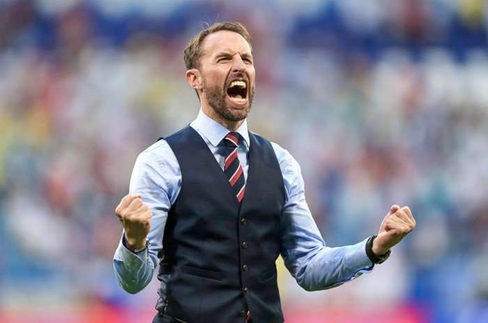 Gareth Southgate Gareth Southgate cheers on the pitch in his little waistcoat