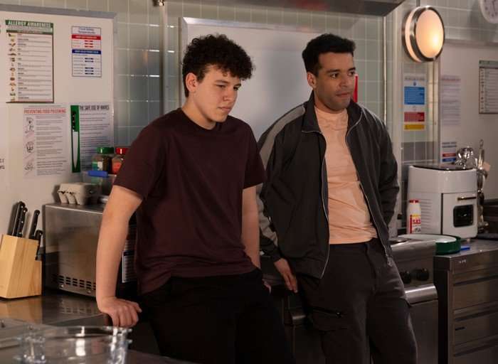 25_06_coro_will_ollie_02 Ben and Ollie chat in the Rovers kitchen in a scene from Coronation Street