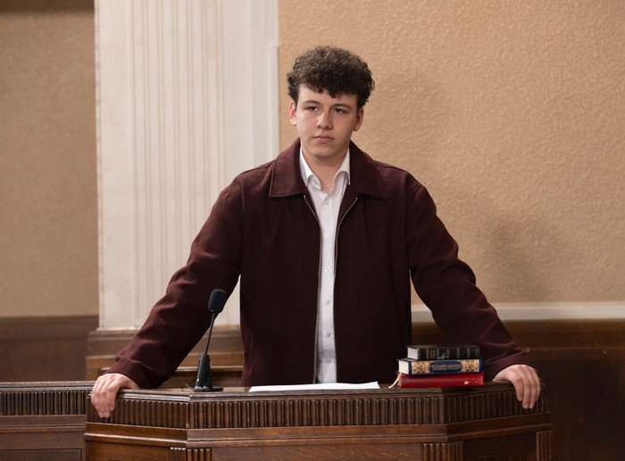 Will stands up in court in a scene from Coronation Street
