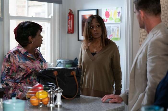 564095,TITLE:Eastenders Kim and Jack stare at Denise in a scene from EastEnders