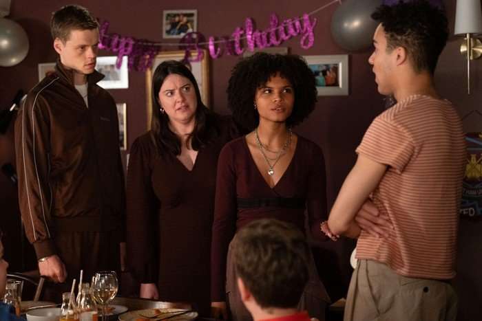 Oscar, Zoe and Jasmine look on with shock and anger as Josh makes a confession at his sister's birthday party