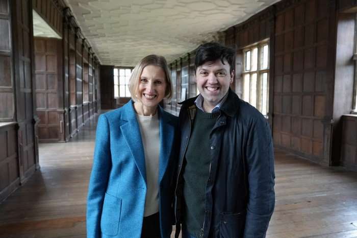 567860,TITLE:Queen James Professor Tracy Borman and Gareth Russell in the Long Gallery, Apethorpe Palace.