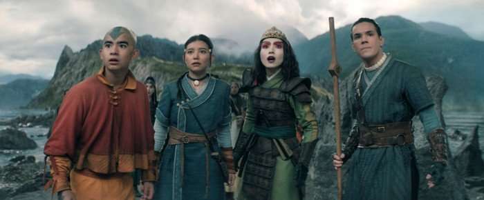 Gordon Cormier as Aang, Kiawentiio Tarbell as Katara, Maria Zhang as Suki, Ian Ousley as Sokka in season 2 of Avatar: The Last Airbender