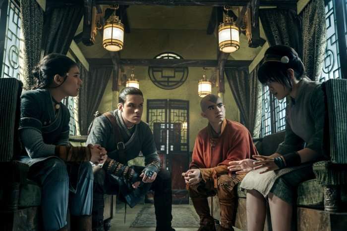 Kiawentiio Tarbell as Katara, Ian Ousley as Sokka, Gordan Cormier as Aang, Miya Cech as Toph in season 2 of Avatar: The Last Airbender.