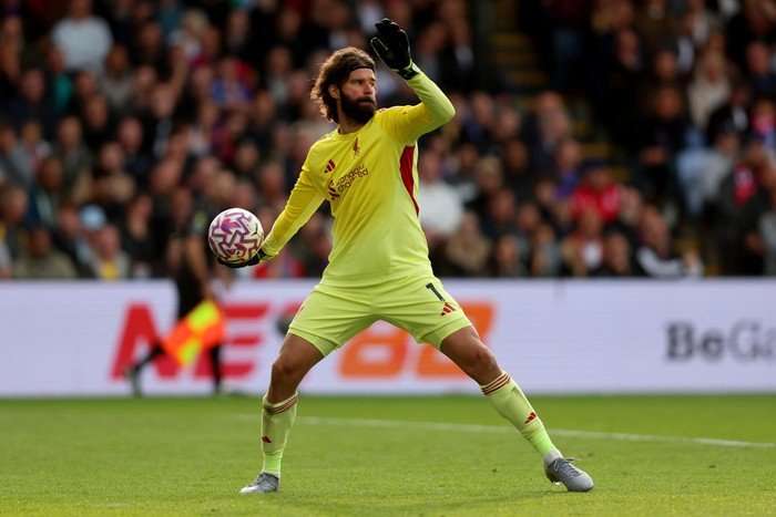 Alisson, in yellow Liverpool goalkeeper kit and black gloves, looks ahead as he prepares to overarm throw the football.