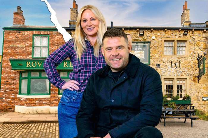 Vicky Myers and Danny Miller in front of an image of the Rovers Return and The Woolpack from Coronation Street and Emmerdale