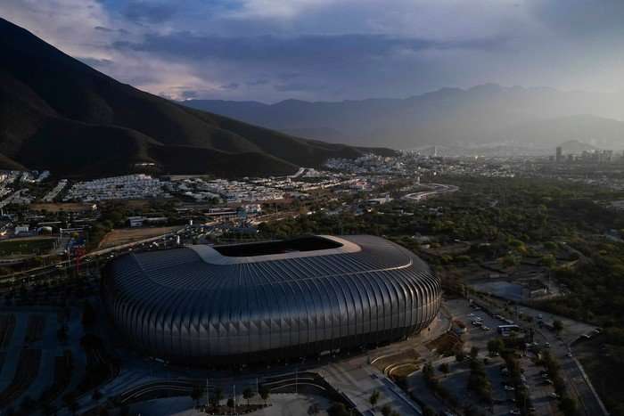 A zoomed out image of Monterrey Stadium from the air, with a mountain in the background, ahead of World Cup 2026.