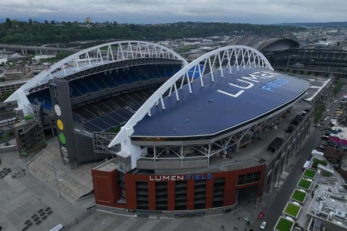 A photo of Seattle Stadium, empty, taken from the air ahead of World Cup 2026.