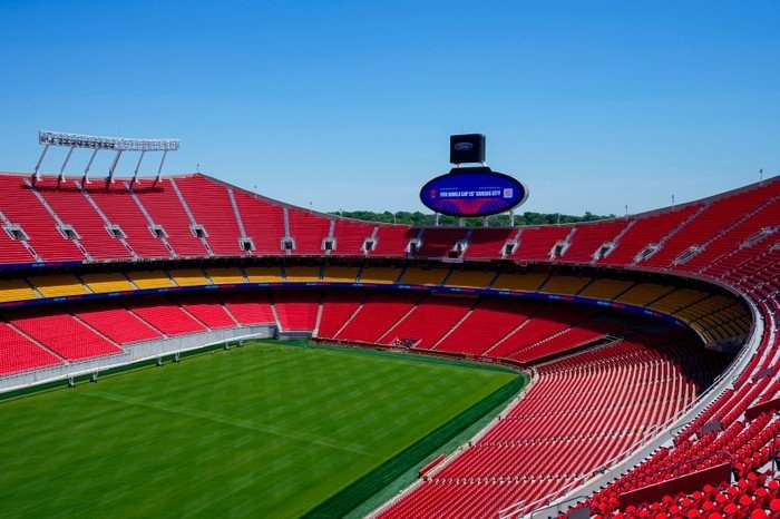 The inside of Kansas City Stadium, empty, at World Cup 2026.