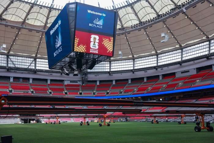 The inside of BC Vancouver Stadium, empty, with preparations under way for World Cup 2026.