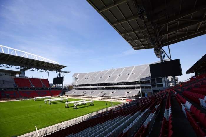 An image of Toronto Stadium, empty, taken from the back of one the stands ahead of World Cup 2026.
