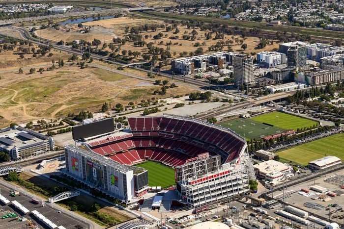 A zoomed out image of an empty San Francisco Bay Area Stadium, and the surrounding area, at World Cup 2026.
