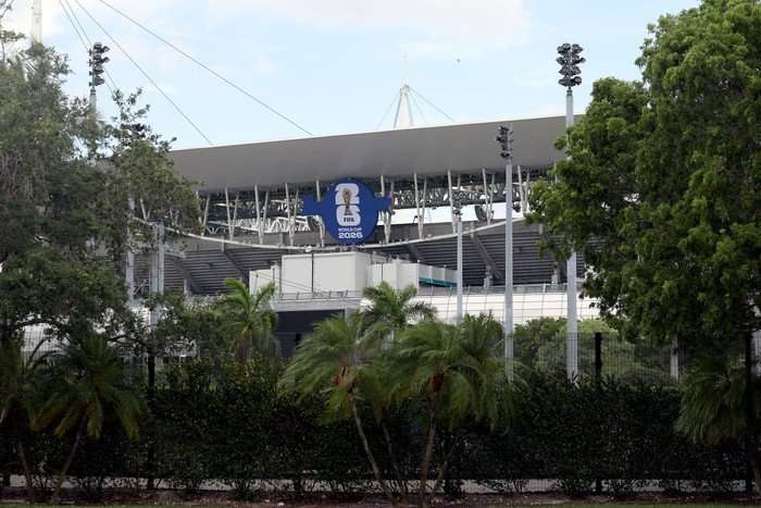The outside of Miami Stadium, with trees in the foreground, ahead of World Cup 2026.