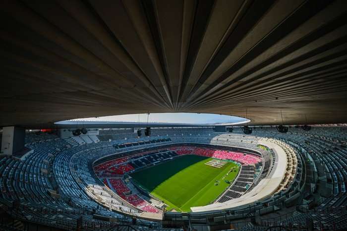 A zoomed out image of the inside of Mexico City Stadium at World Cup 2026 empty.