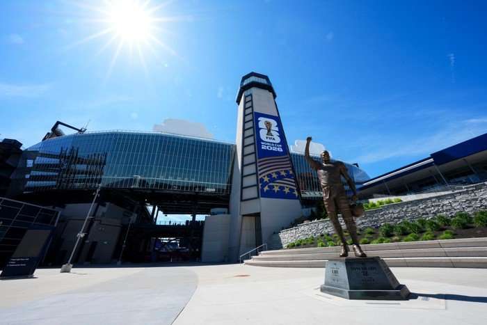 The outside of the Boston Stadium, with a statue of Tom Brady in the foreground, ahead of World Cup 2026.