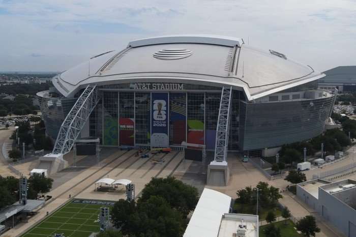 A zoomed out image of Dallas Stadium at World Cup 2026 and the surrounding area.