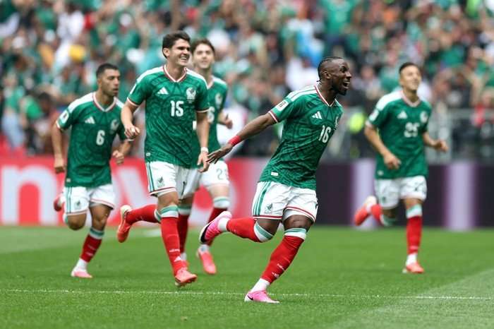Mexico v South Africa: Group A - FIFA World Cup 2026 Julian Quinones #16 of Mexico celebrates with teammates after scoring the team's first goal during the FIFA World Cup 2026 Group A match between Mexico and South Africa.