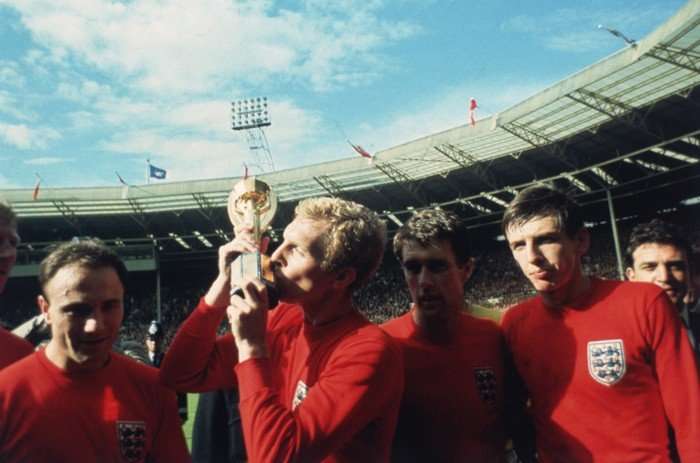 England captain Bobby Moore kissing the Jules Rimet trophy in 1966.