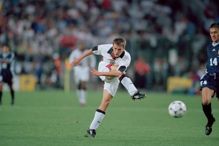 Michael Owen England striker Michael Owen shoots at the 1998 World Cup.