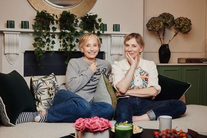 Dame Kristin Scott Thomas and Saskia Reeves sat next to each other, smiling ahead.