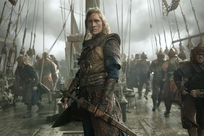 Abigail Thorne as Admiral Lohar in House of the Dragon season 3. She's standing at the front of a ship, gazing determinedly into the distance.
