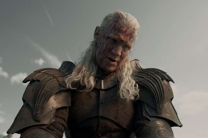 Matt Smith as Daemon in House of the Dragon season 3 Matt Smith as Daemon in House of the Dragon season 3. He's in armour, with his face bloodied.