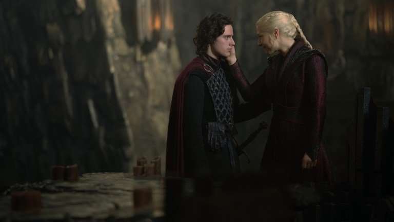 Jacaerys Velaryon (Harry Collett) and Rhaenyra Targaryen (Emma D'Arcy) in House of the Dragon season 3.