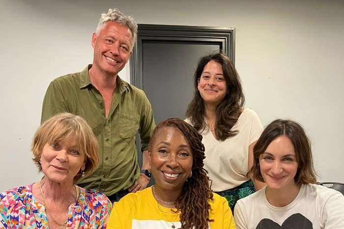 Samantha Bond, Robert Thorogood, Jo Martin, Natalie Dew and Cara Horgan at a readthrough for The Marlow Murder Club season 4.
