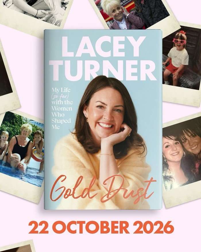 Lacey Turner on the front of her book cover "Gold Dust", surrounded by polaroid pictures of her with family and EastEnders cast members.