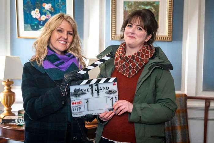 Ashley Jensen and Alison O’Donnell, Shetland season 11 Ashley Jensen and Alison O’Donnell with clapperboard on set of Shetland season 11
