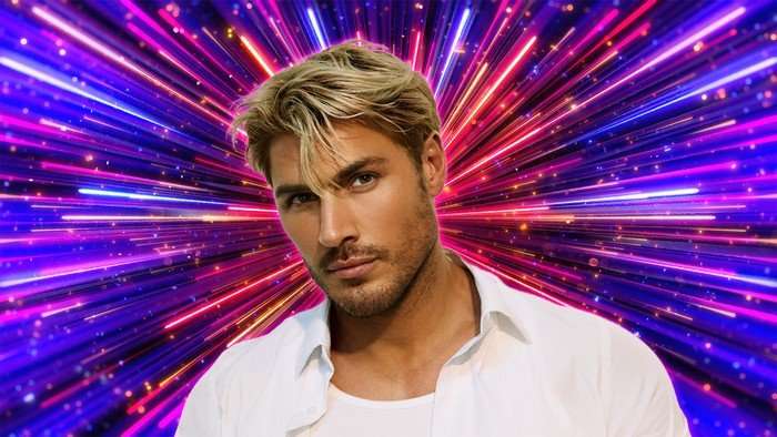 Chris Appleton poses in a white shirt against a vivid purple, pink and blue starburst background for Strictly Come Dancing 2026.