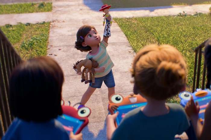TOY STORY 5 Bonnie from Toy Story 5 plays with her Jessie cowgirl doll and Bullseye horse toy as three girls look at her playing on tablets