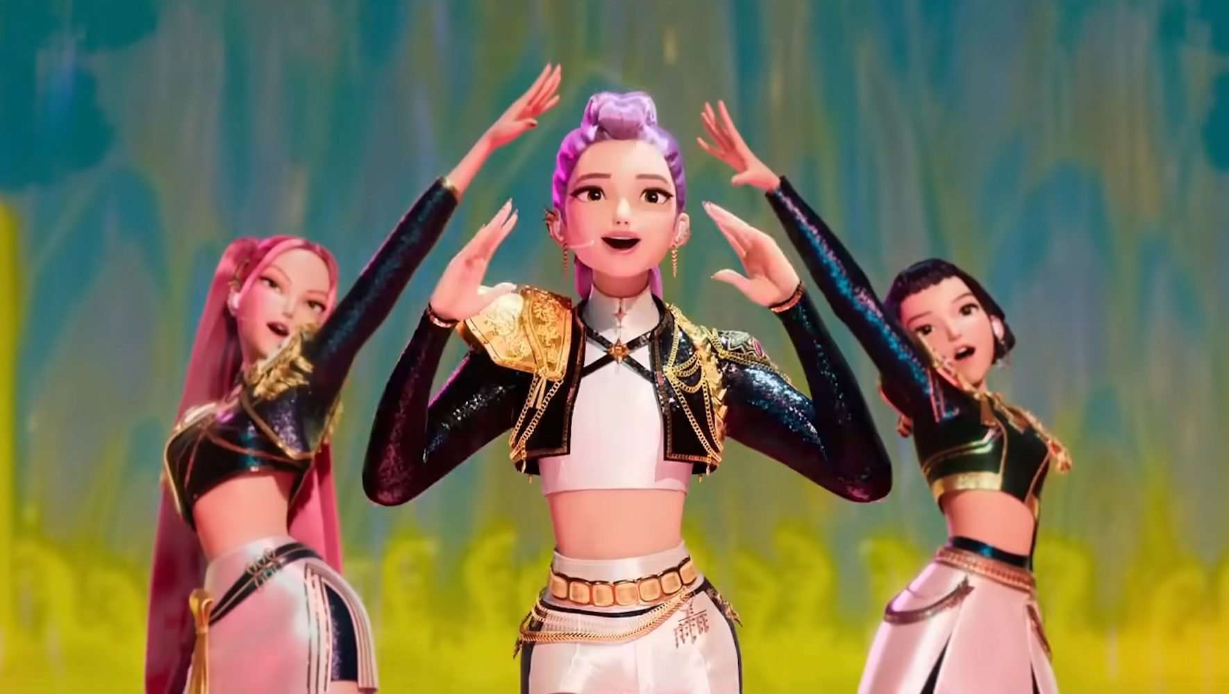 The members of Huntrix singing in KPop Demon Hunters.