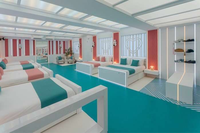 Love Island Series 13 Villa The Love Island Series 13 Villa bedroom with alternating pink and blue beds.