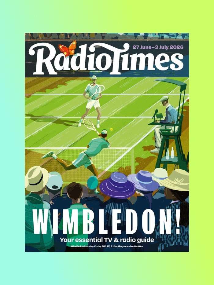 Radio Times Wimbledon cover featuring illustration of two tennis players on a court with a crowd. Radio Times Wimbledon cover featuring illustration of two tennis players on a court with a crowd.