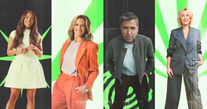 Alex Scott, Gabby Logan, Mark Chapman and Kelly Cates Side-by-side pictures of Alex Scott, Gabby Logan, Mark Chapman and Kelly Cates in front of green and black backgrounds.