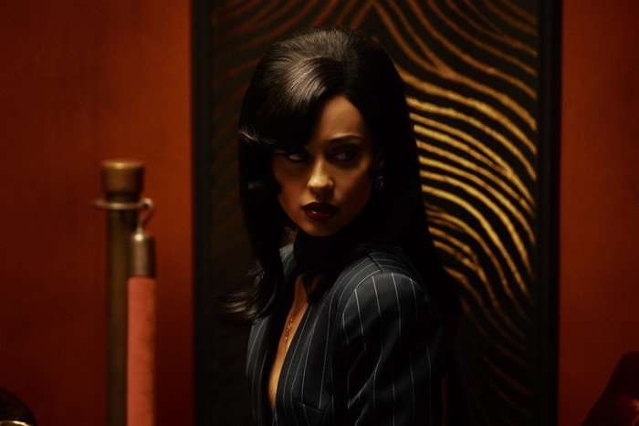 Alexa Demie as Maddy Perez in a pinstripe suit in the Euphoria season 3 finale.