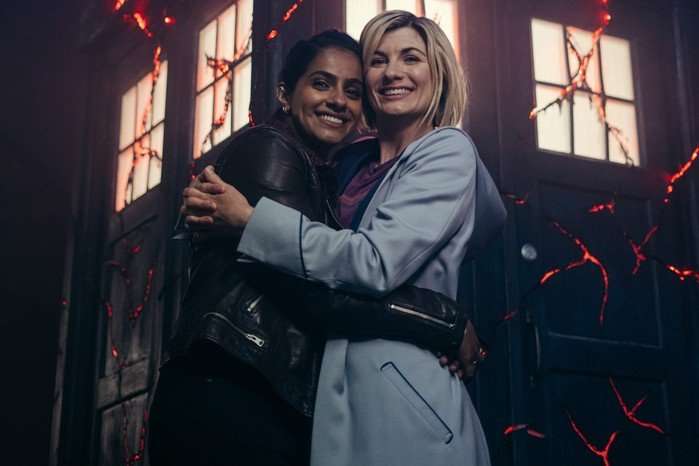 Mandip Gill and Jodie Whittaker on the set of Doctor Who