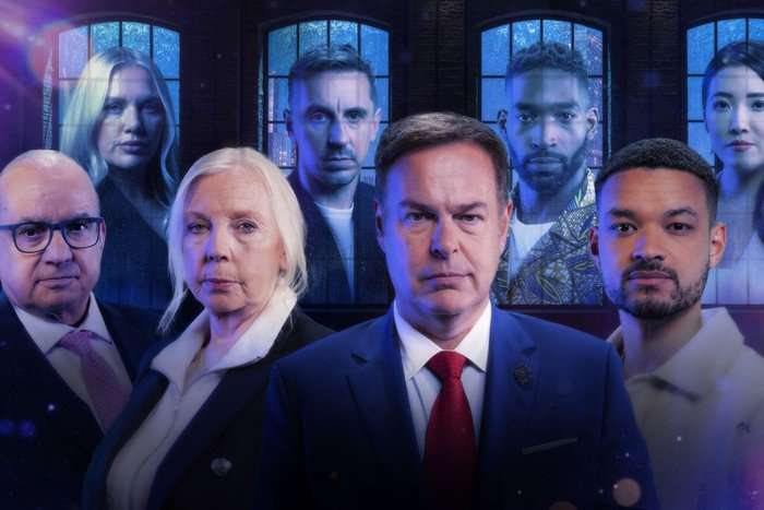 Peter Jones, Deborah Meaden, Touker Suleyman and Steven Bartlett all stood in a row next to each other in front of windows featuring images of Tinie Tempah, Jenna Meek, Susie Ma and Gary Neville.