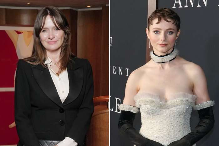 emily-mortimer-thomasin-mckenzie A composite image, showing Emily Mortimer on the left and Thomasin McKenzie on the right. Both are photographed at showbiz events. Mortimer wears a black suit and McKenzie wears a white dress.