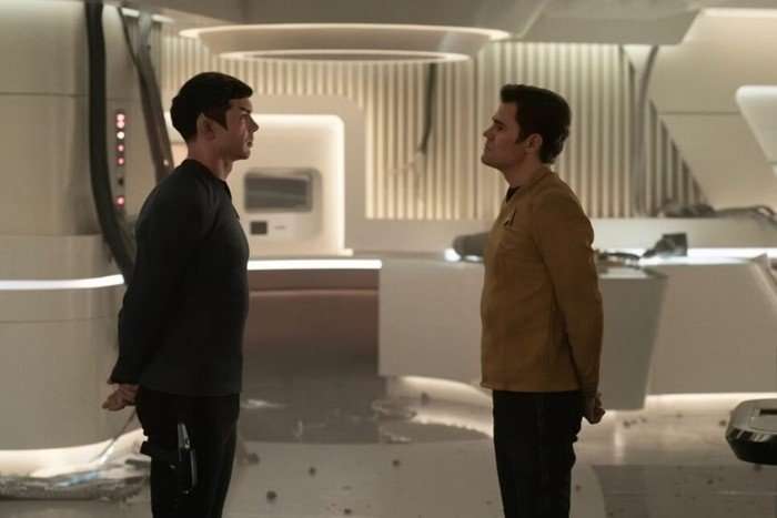 Ethan Peck as Spock and Paul Wesley as James T Kirk in Star Trek: Strange New Worlds season 3 Ethan Peck as Spock and Paul Wesley as James T Kirk in Star Trek: Strange New Worlds season 3
